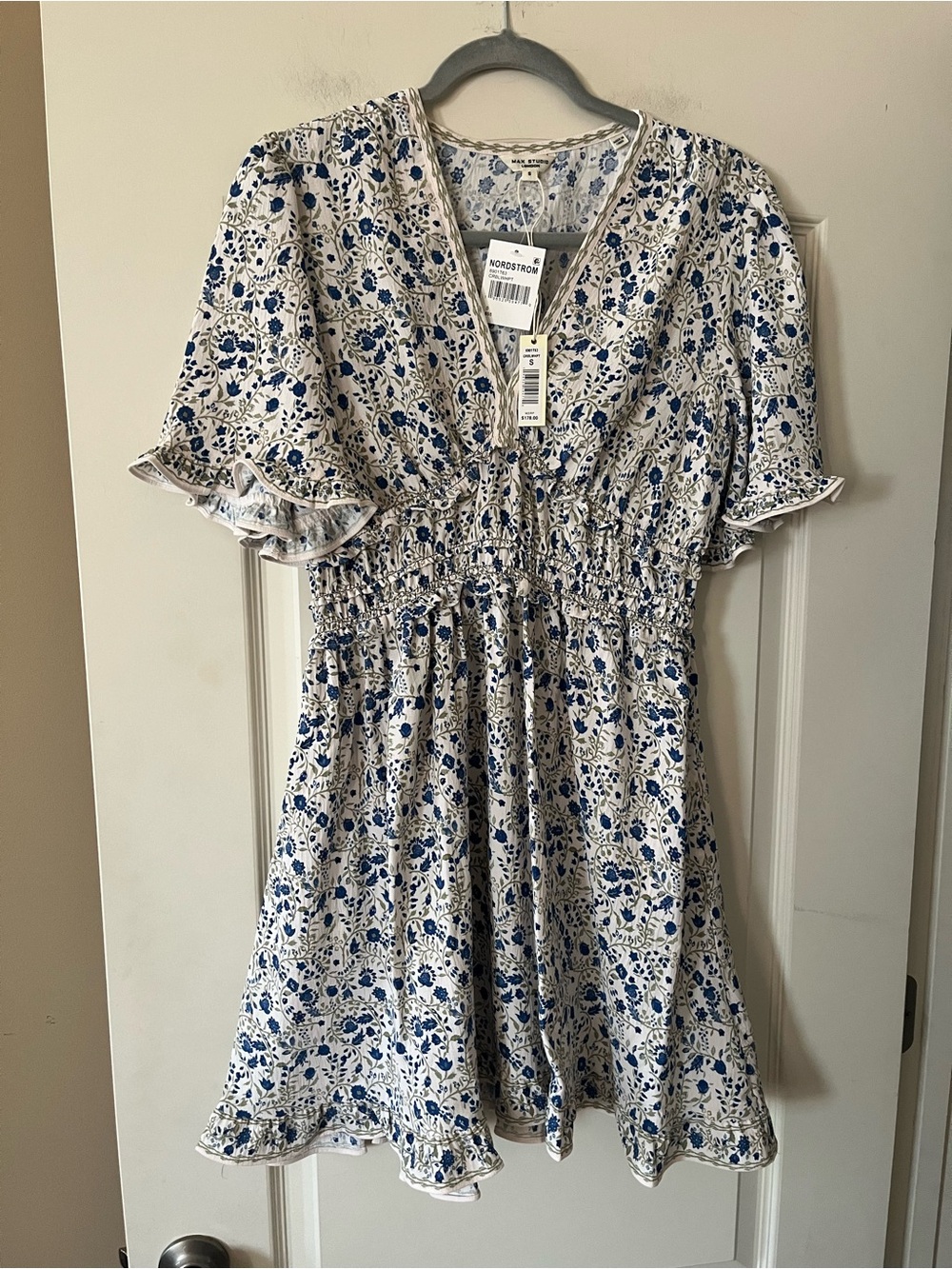 Max Studio Blue Floral Smocked Waist Mini Dress Women’s Size Small
